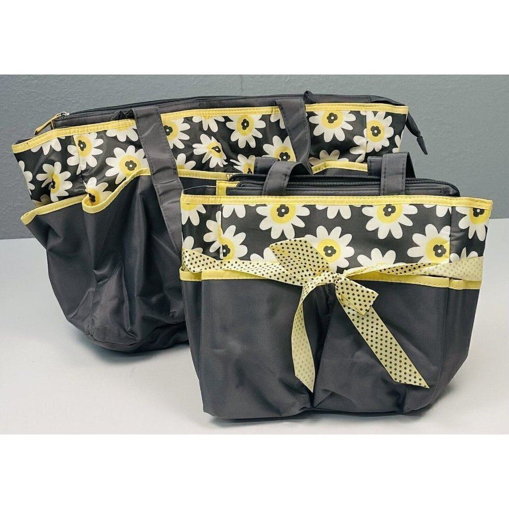 Lot 2 BABY BOOM Multitasker Tote DIAPER BAGS Large 15" Small 12" Daisy Gray EUC